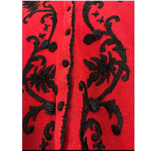 Arriviste Large Red Black Embroidered Button-Up Cardigan Women’s Vintage Look - Picture 6 of 6
